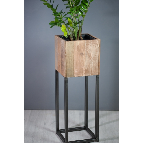 Cache-pot carré 30 cm en métal et bois exotique