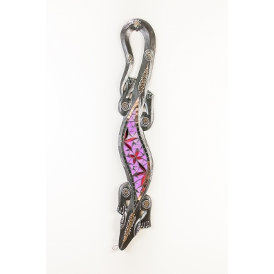 Gecko en bois et mosaïque de verre rose 50 cm
