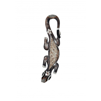 Gecko en bois peint gris et coquillages 50 cm