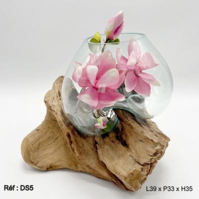 Vase en verre soufflé sur racine de teck RG04