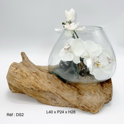Vase en verre soufflé sur racine de teck RG15