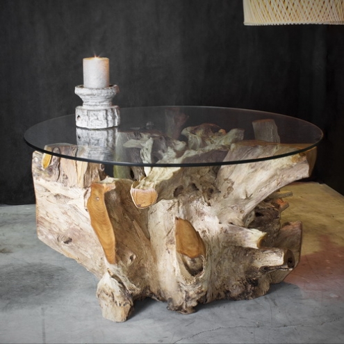 Table basse ronde racine de teck naturel