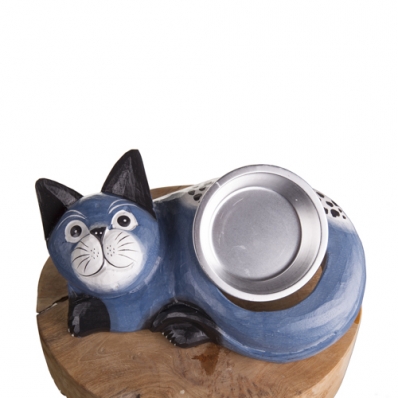 Gamelle pour chat en bois exotique bleu