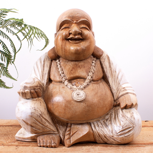 Statue décorative - Statue Bouddha rieur en suar 40 cm blanchi