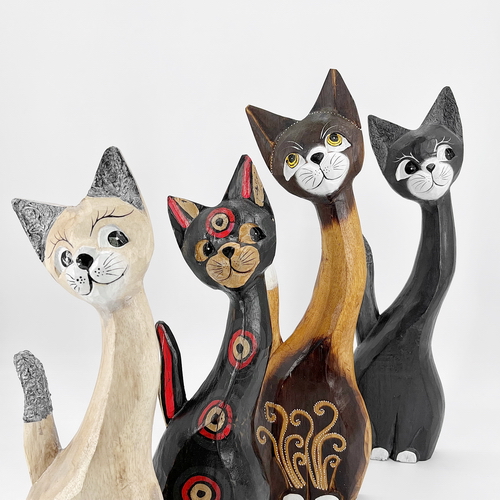 Lot De 3 Chats En Bois Artisanat Set Peint Wooden Cat Chat Collection Decoration