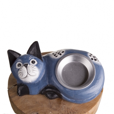 Gamelle pour chat en bois exotique bleu