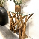 Console branches de teck plateau en verre