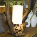 Lampe bois naturel style bois flotté, racine de teck et abat-jour écru